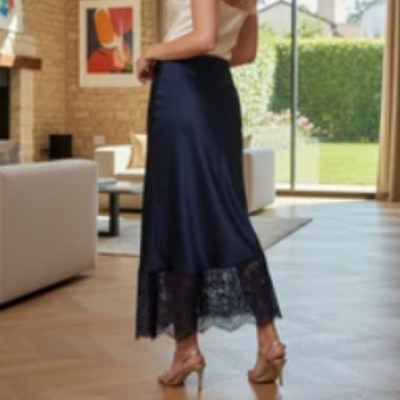 Jupe sirène en satin et dentelle- Bleu Marine