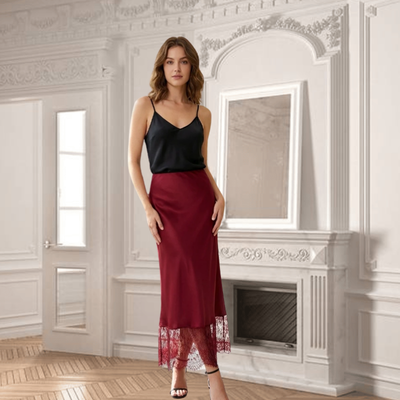 Jupe sirène en satin et dentelle- Bordeaux