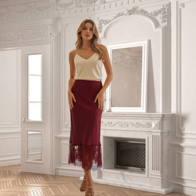 Jupe sirène en satin et dentelle- Bordeaux