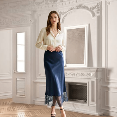 Jupe sirène en satin et dentelle- Bleu Marine