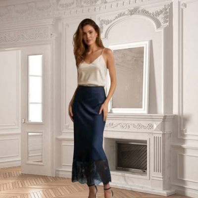 Jupe sirène en satin et dentelle- Bleu Marine