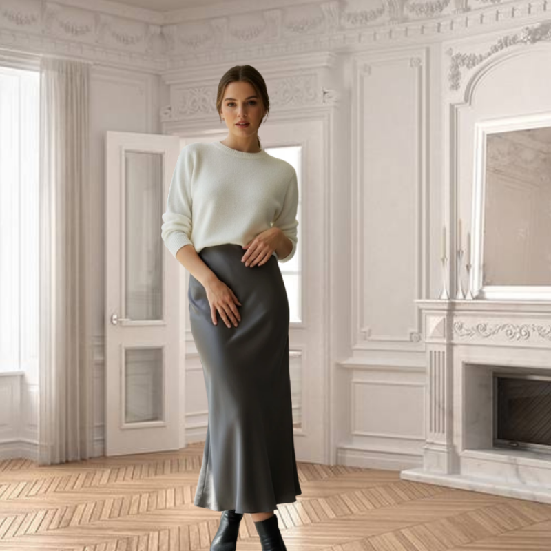 Jupe satinée fluide évasée coupe sirène- Gris
