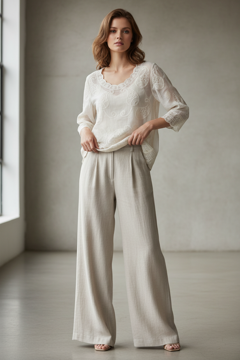 Haut beige brodé avec pantalon large en lin